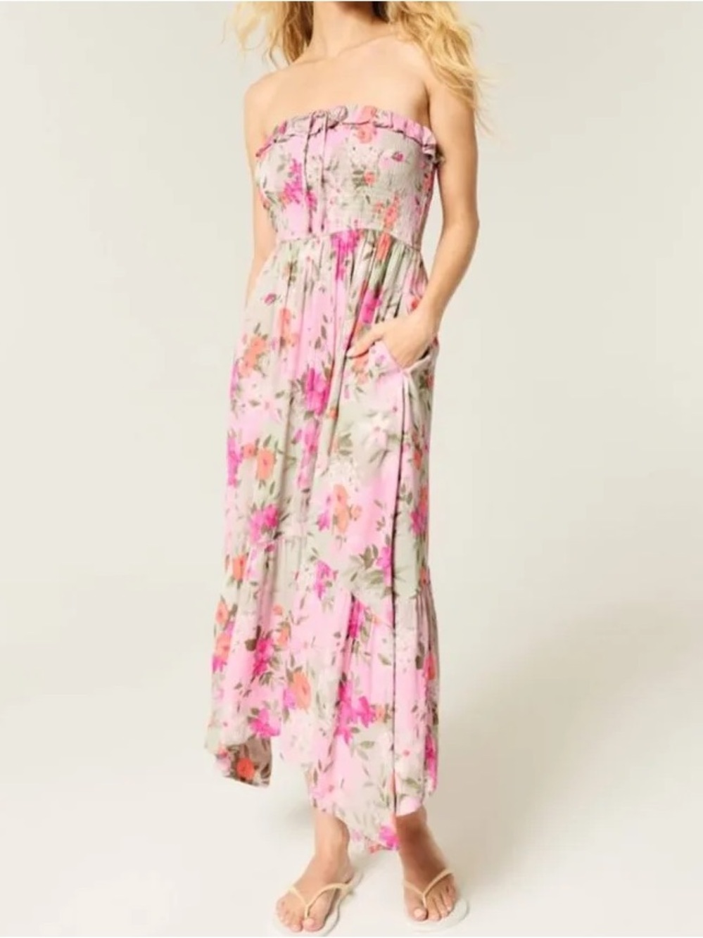 Hollister Pink and Sage Floral Strapless Midi Dress